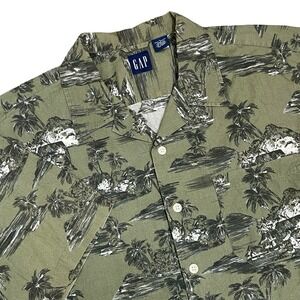 Vintage GAP Tropical Scenic Camp Shirt Mens L Green Palm Tree Loop Collar Cotton